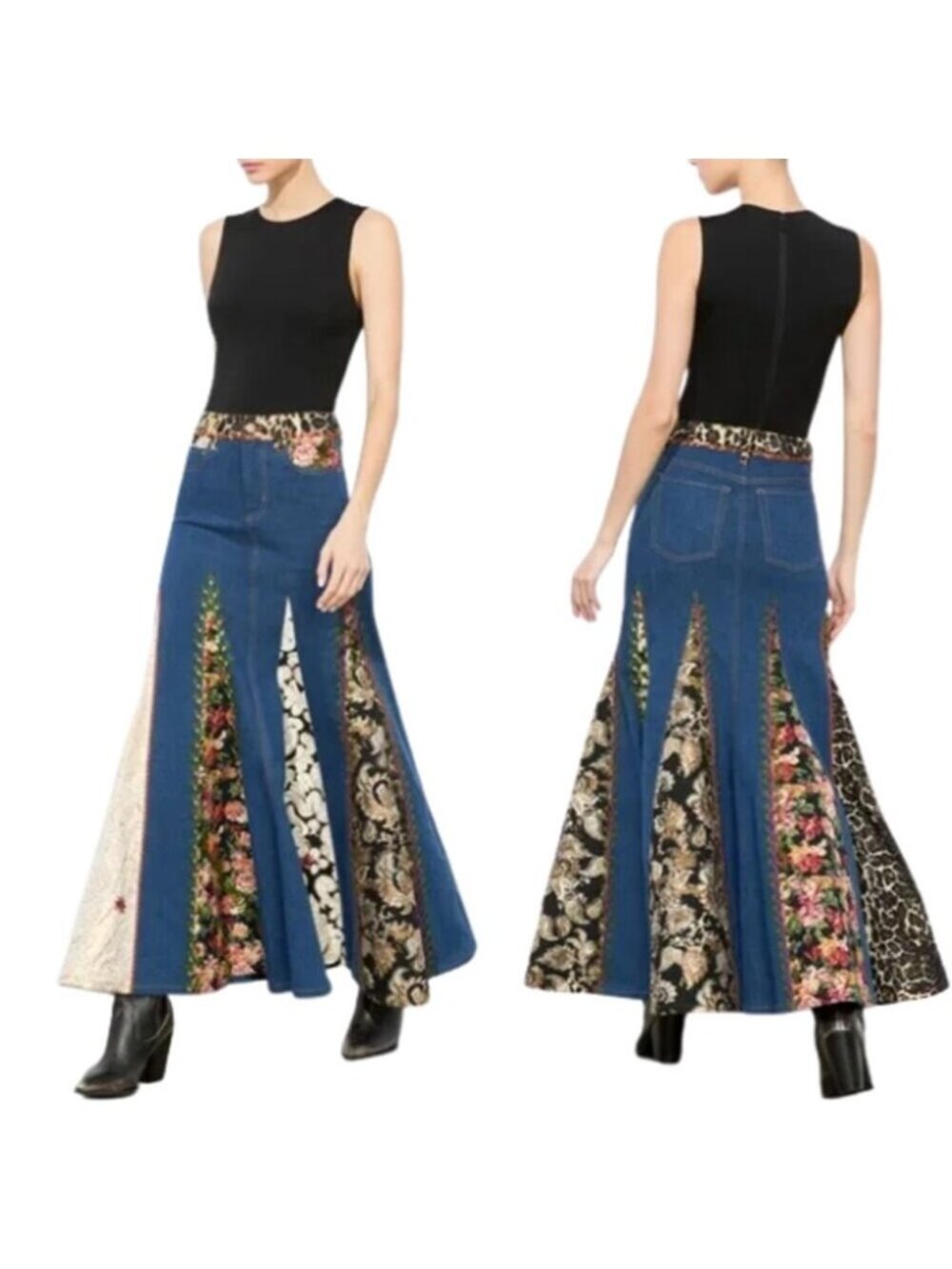 NEW Alice + Olivia Nala Mixed Media Denim Floral Pattern Maxi Skirt Blue Size: 0